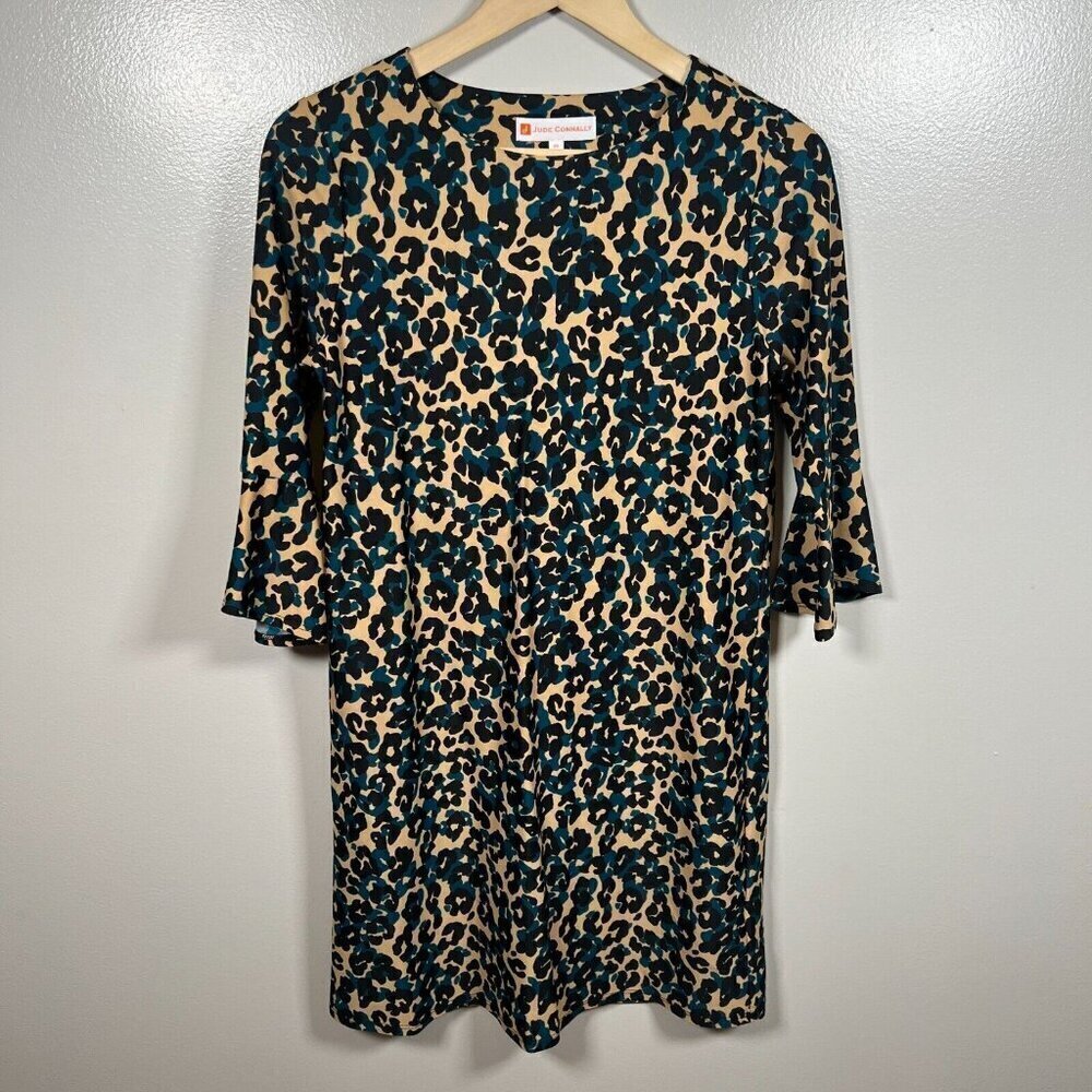 Jude Connally Margot Leopard Shift Dress Size XS Stretch Travel Cheetah Work